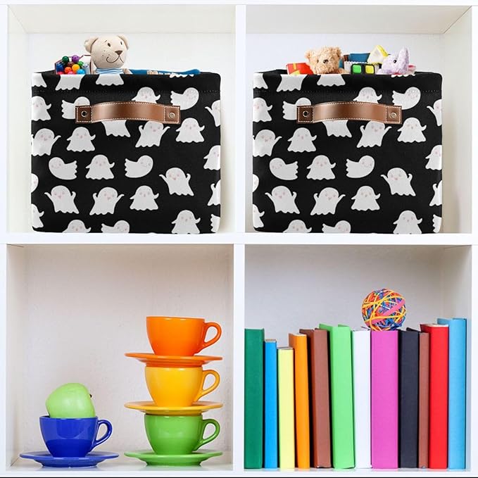Storage Basket Bin Halloween Ghosts Organizer Basket Collapsible Shelf Basket Cube with handle for Nursery Bedroom Bathroom (white 24)-Ruum Studio Home