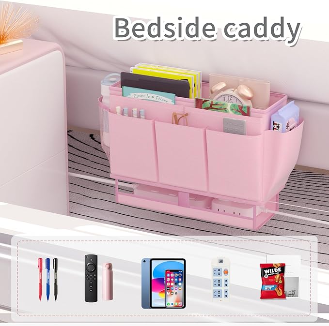 Bedside Caddy, Bed Organizer with 11 Pockets and Power Strip Holder, Versatile Bedside Storage Caddy for Home,Dorm,Bunk,Hospital,Crib Bed (2 Pack Pink)-Ruum Studio Home