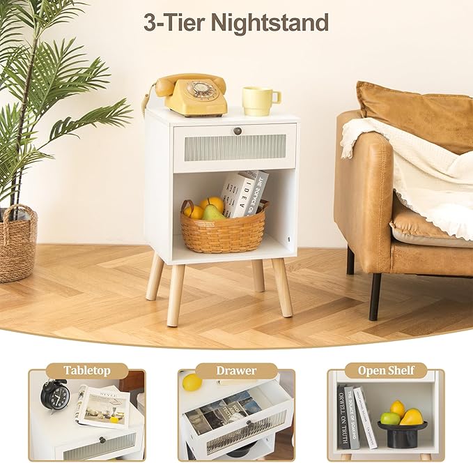 AWASEN White Night Stand, Modern Bedside Table with Glass Storage Drawer and Large Open Shelf, Wood Nightstand Side End Table with Solid Wood Legs for Bedroom, and Small Space, White-Ruum Studio Home