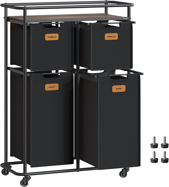 VASAGLE Laundry Sorter, Laundry Hamper with Wheels, 39.6 Gal. (150 L) Portable Rolling Cart Baskets with Shelf, 4 Removable Liners and 6 Labels, Ink Black and Chestnut Brown URLS100B01-Ruum Studio Home