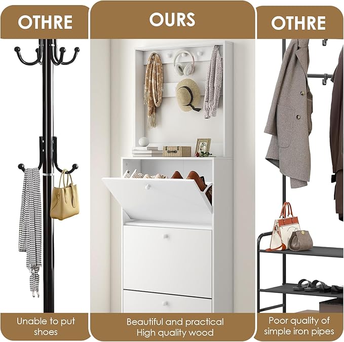 Shoe Storage Cabinet with 3 Flip Drawers, Narrow Shoe Cabinet with 9 Hooks Coat Rack, Freestanding Slim Shoe Storage Organizer for Entryway, Hallway, Entrance, Bedroom, Living Room, White-Ruum Studio Home