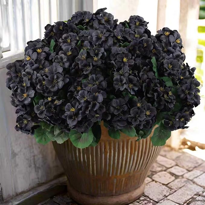 Hananona 12 Bundles Artificial Geranium Flowers for Outdoors Black Silk Geranium Flowers Outdoor UV Resistant Plants Faux Black Flower for Home Kitchen Halloween Table Centerpieces Decor (12, Black)-Ruum Studio Home