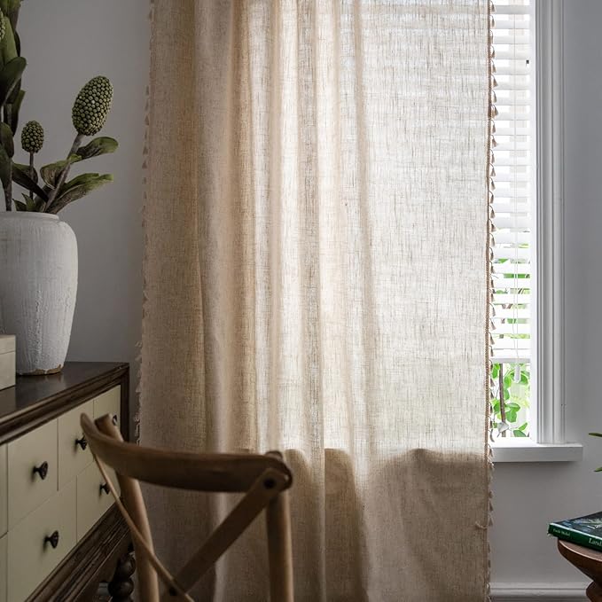 Sutuo Home Boho Curtain 63 Inches Long for Bedroom, Natural Linen Look Textured Burlap Rod Pocket Chic Semi Blackout Bohemian Handmade Tassels Window Treatment for Living Room, 1 Panel 59" W x 63" L-Ruum Studio Home