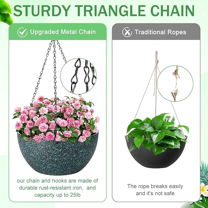 13 inch Hanging Planters for Indoor Plants, 2 Pack Planters for Outdoor Plants with Drainage Holes and Chain, Round Plastic Hanging Baskets, Hanging Flower Pots for Balcony Garden-Black Speckle-Ruum Studio Home