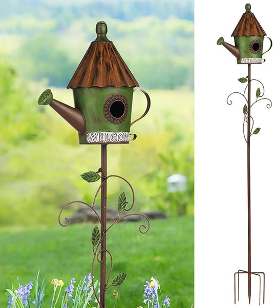 BAYN 57” Bird Houses Stake for Outside, Metal Watering Can Birdhouse Garden Stake Wild Bird Feeder Pole with Welcome Sign Outdoor Decorations for Patio, Backyard, Garden-Ruum Studio Home