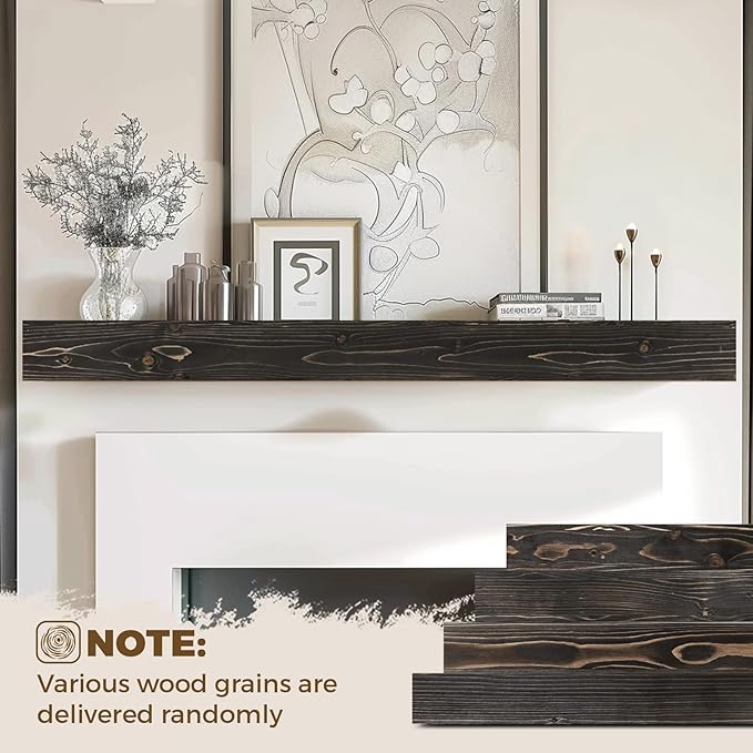 72x8x3 Fireplace Mantel - Handcrafted Hollow Rustic Solid Wood Wall Mounted Floating Shelf with Invisible Heavy Duty Wood Bracket (Weathered Black)-Ruum Studio Home