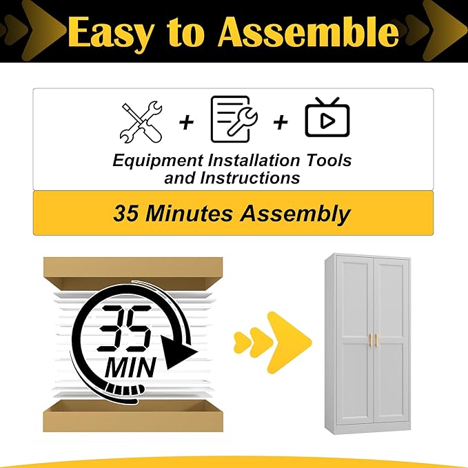 Kitchen Cabinet Storage,60”Metal Pantry Cabinet with Doors and 3 Adjustable Shelves,Food Pantry Cabinets with 2 Gold Handles,White Tall Storage Cabinet for Livingroom,Pantry,Bathroom,Kitchen-Ruum Studio Home