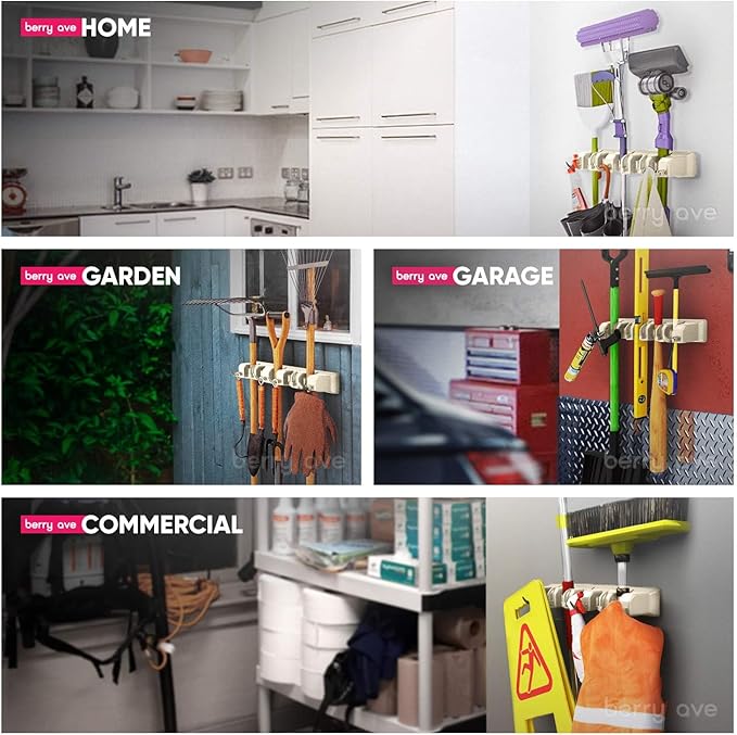 Berry Ave Broom Holder & Wall Mount Garden Tool Organizer- Kitchen, Closet, Garage & Laundry Room Storage With 5 Slots And 6 Hooks- Wall Holder For Broom, Rake & Mop Handles Up To 1.25” [Beige 2-Pack]-Ruum Studio Home