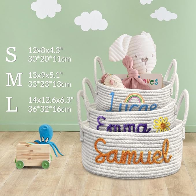 Personalized Baby Basket with Name Custom Cotton Rope Storage Bin for Diaper Caddy, Organizer, Keepsake - Shower Gift-Ruum Studio Home