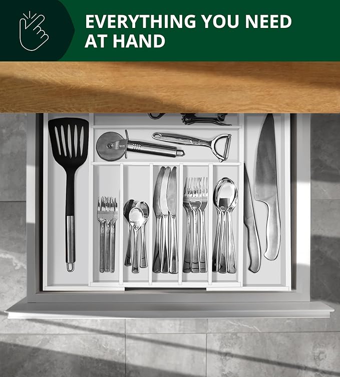 ROYAL CRAFT WOOD Luxury Bamboo Kitchen Drawer Organizer - Silverware Organizer - Utensil Holder and Cutlery Tray with Grooved Drawer Dividers for Flatware and Kitchen Utensils (9 Slot, White)-Ruum Studio Home