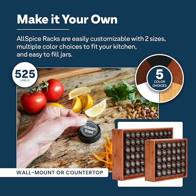 AllSpice Spice Rack Organizer, Wood, 525 Unique Labels, Countertop or Wall Mount, Includes 60 4oz Jars- Cherry Stain-Ruum Studio Home
