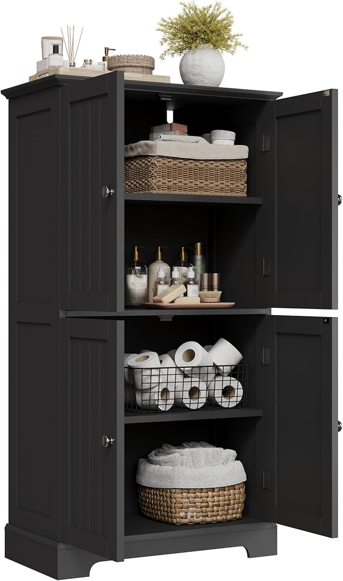 ChooChoo Bathroom Floor Cabinet, Modern Bathroom Storage Cabinet with 4 Doors and Adjustable Shelves, Freestanding Cupboard for Living Room, Black-Ruum Studio Home