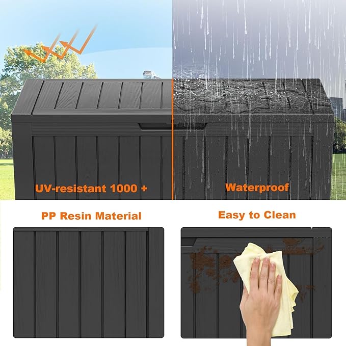 80 Gallon Resin Deck Box, Lockable Outdoor Storage Box for Patio Cushions Storage Furniture,Garden Tools, Pool Supplies, Weatherproof and UV Resistant- Black (80 Gallon)-Ruum Studio Home