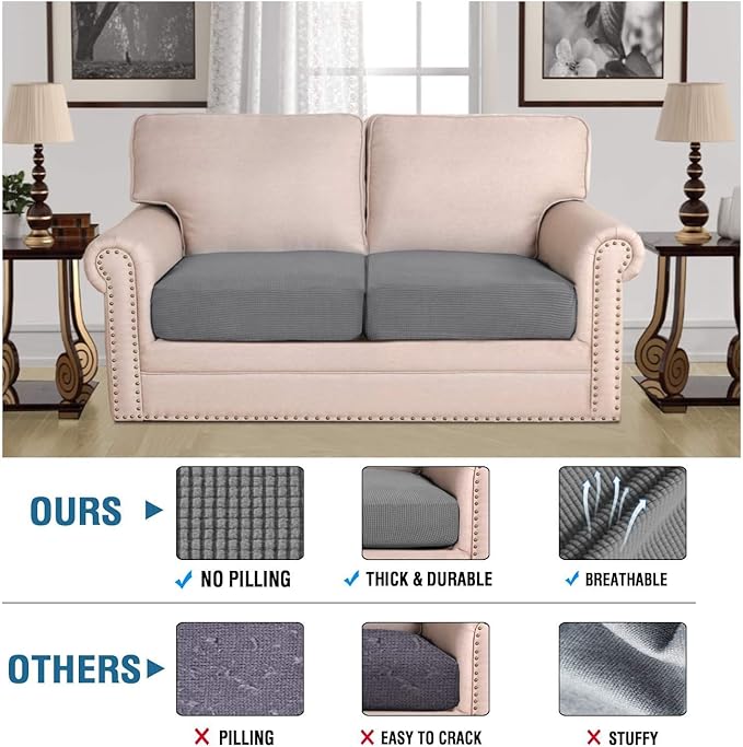 H.VERSAILTEX Super Stretch Individual Seat Cushion Covers Sofa Couch Slipcover Sets Thick Jacquard Textured Twill Fabric (2 Piece Medium Covers, Grey)-Ruum Studio Home