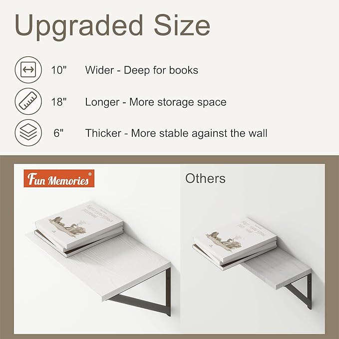 Fun Memories White Floating Shelves 18 Inch Long, Rustic Floating Shelf with Brackets, 10 Inch Deep Wall Shelves, White Bathroom Shelves, 18 x 10 Storage Shelf for Kitchen, Living Room, Set of 2-Ruum Studio Home