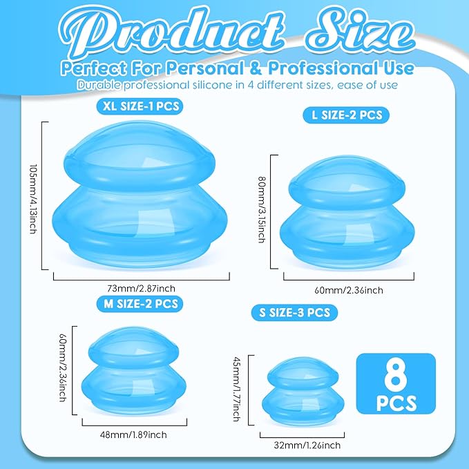 Nuanchu 8 Pcs 4 Sizes Cupping Therapy Set with Satin Bag Silicone Massage Cups Professional Cupping Therapy Vacuum Cup for Cellulite Joint Pain Muscle Pain(Clear Blue)-Ruum Studio Home