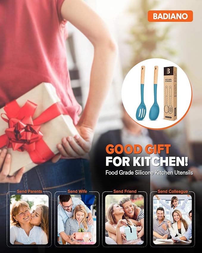 Silicone Cooking Spoons, Great for Scooping Sides and Serving Hearty Stews, BPA-Free Matte Silicone, Wooden Handle Serving Spoon for Nonstick Cooking Surfaces (Blue)-Ruum Studio Home