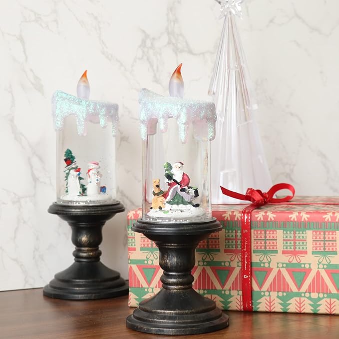 Eldnacele Battery Operated Lighted Flameless Candles Christmas Snow Globe Candle Light Swirling Water Glittering Spinning Candles for Home Decoration(Santa)-Ruum Studio Home