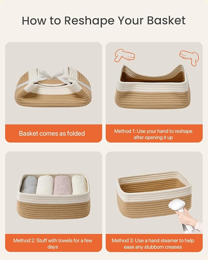 KALLAX Small Woven Basket, 12 x 8 x 4.5 Inches, Storage Basket for Organizing, Cute Small Rope Shelf Closet Cube Storage Bins Baskets for Shelves, Dog Toy Gift Baskets Empty, 3 Pack White & Brown-Ruum Studio Home