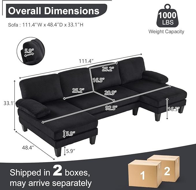 Karl home U-Shape Sectional Sofa Couch 111" Modern 4-Seat Sofa with Chaises Corduroy Fabric Upholstered Covertible Couch with Wood Grain Legs for Living Room, Reception Room, Apartment, Black-Ruum Studio Home