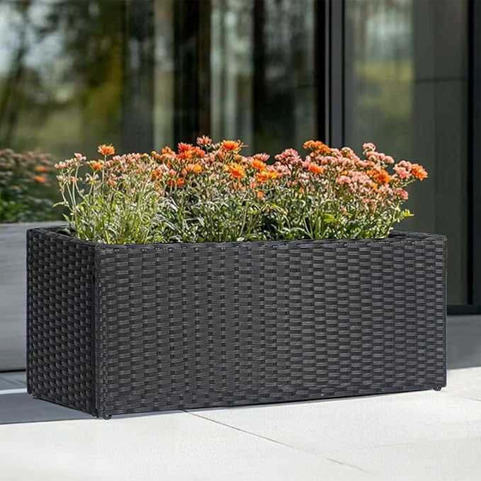 LEWIS&WAYNE Large Rectangular Block Planter Box Handmade Wicker Tall Planters for Outdoor Plants with Removable Liners Modern Planter for Indoor Outdoor Patio Deck - Black, 30''x12''x16''-Ruum Studio Home