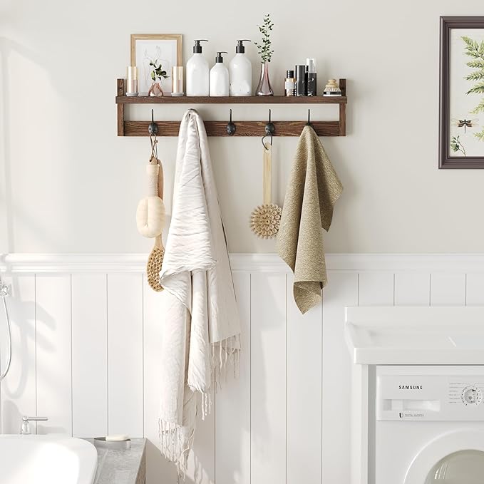 AMBIRD 28.9 Inch Length Shelf with Hooks Entryway Coat Rack Wall Mount Wood Coat Hooks with Shelf Wall-Mounted Coat Hook Rack with 5 Dual Hooks for Bathroom, Living Room, Bedroom (Brown)-Ruum Studio Home