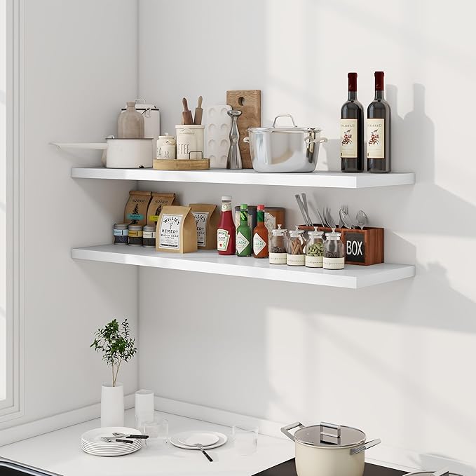 48" Floating Shelves for Wall, 12" Deep Slim White Floating Shelves, Wall-Mounted Shelves for Bedroom, Living Room, Kitchen, Bathroom - Set of 2-Ruum Studio Home