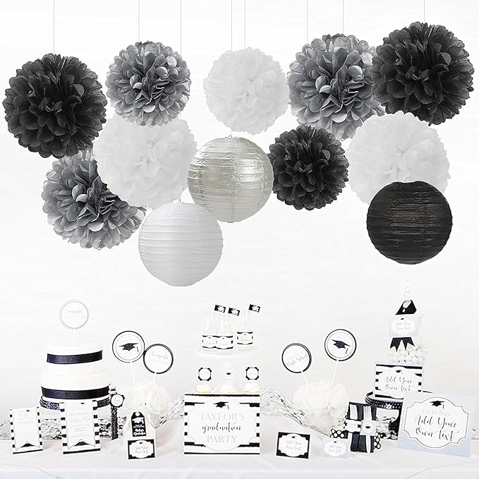Black White Silver Party-Decorations Paper Flowers Lanterns - 15PCS Birthday Halloween Wedding Tissue Pom Poms Streamers, Halloween Prom Baby Shower Bachelorette Hanging Supplies Decor Hugfond-Ruum Studio Home