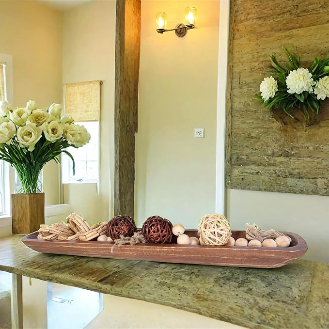 Athaliah Wooden Dough Bowl, Hand Carved Rustic Long Wood Dough Bowls for Decor, Vintage Large Wooden Bread Bowl for Table Centerpiece Dining Room Home Kitchen Decor Candles (40 Inch-Brown)-Ruum Studio Home