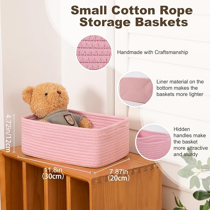 3 Pack Small Storage Baskets for Organizing, Cute Woven Decorative Gift Baskets for Shelves, Mini Closet Organizer Bins with Handles, 11.81''Lx7.87''Wx4.72''H-Pink-Ruum Studio Home