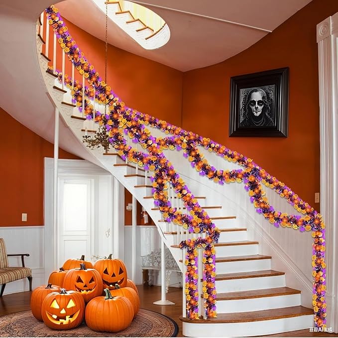 50 Ft Halloween Tinsel Garlands,Funny Pumpkin Purple Bats Shiny Metallic Twist Foil Tinsel Garland Hanging Holiday Decorations for Home Indoor Outdoor Festivities Party Decor-Ruum Studio Home