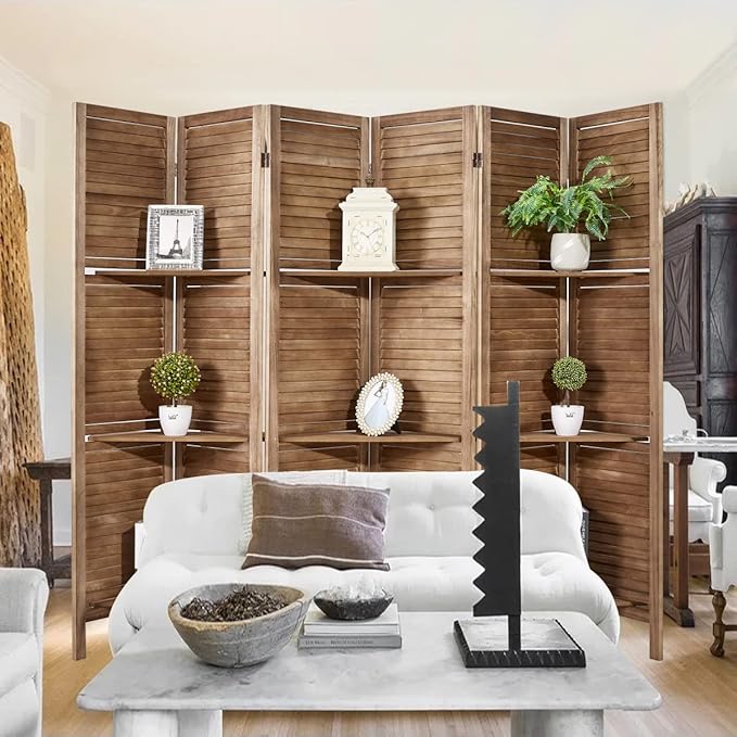 Room Divider with Shelves, Privacy Screen, Room Dividers and Folding Privacy Screens, 6 Panel Wood Temporary Wall Partition Separation Separator, Brown-Ruum Studio Home