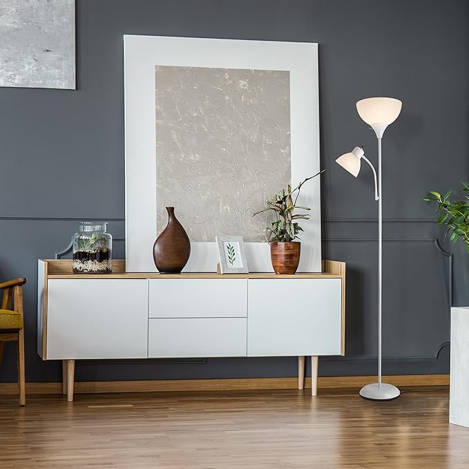 GLOBE Electric 67136 72" Torchiere Floor Lamp with Adjustable Reading Light, Matte White Finish, Frosted Shades, Rotary Switch on Socket, E26 Base-Ruum Studio Home