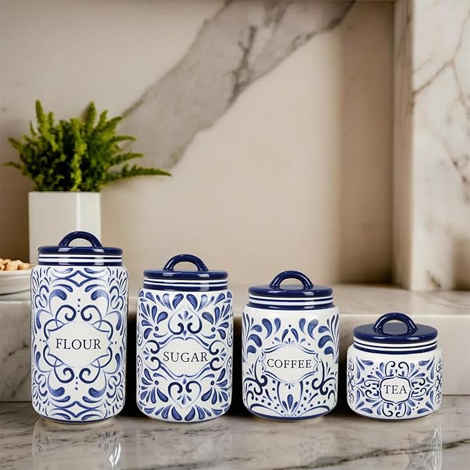 Young's Inc. 4 Pcs Set Talavera Ceramic Canisters- Storage Container for Kitchen and Bathroom - Beautiful Home Decor Accent to Store Food, Coffee, Tea, and More - White, Blue-Ruum Studio Home