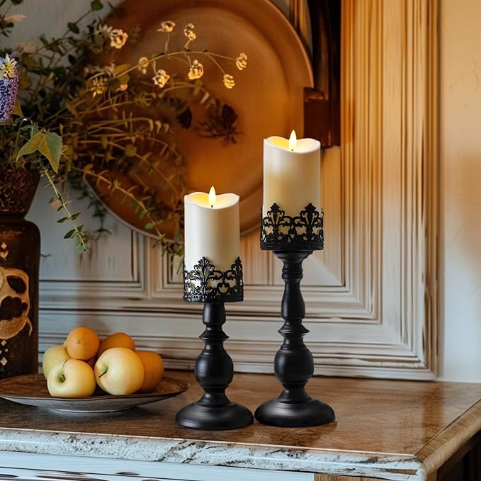 Homemory Black Halloween Candle Holders for Pillar Candles Set of 2, Gothic Vintage Candle Holders for Table Centerpiece, 11" 9" Tall Candle Stand Decorative for Dining Fireplace Living Room (Black)-Ruum Studio Home