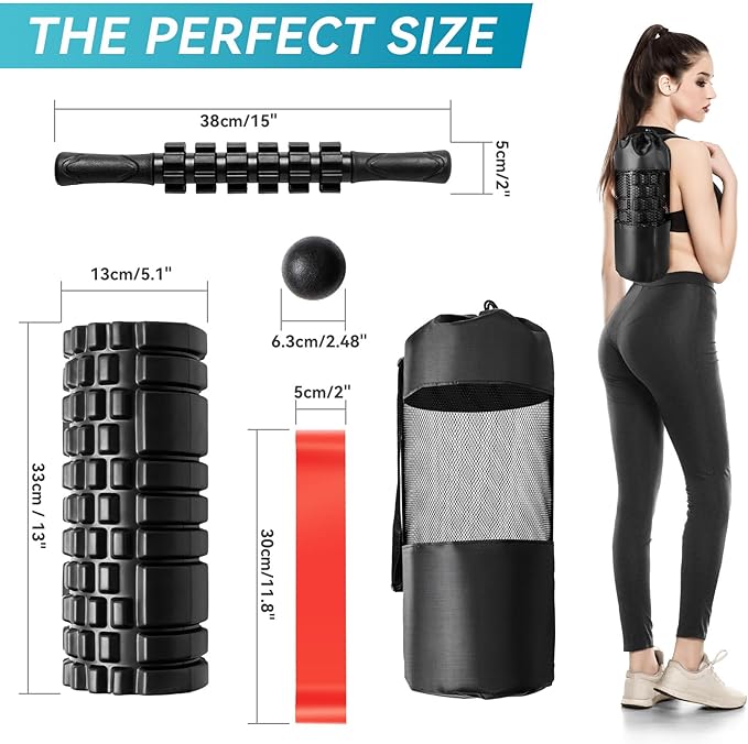 5 in1 Foam Roller Set for Deep Tissue Muscle Massage, High Density Fitness Exercise Foam Roller, Massage Roller, Massage Ball, Resistance Band, for Whole Body (Black)-Ruum Studio Home