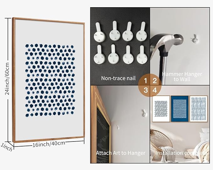 Tinonedraw Navy Blue White Framed Canvas Wall Art Set, Modern Geometric Dots Line Wall Decor, Neutral Abstract Shape Artwork, Cozy Contemporary Art Prints for Bedroom Living Room Office 16"x24"x3-Ruum Studio Home