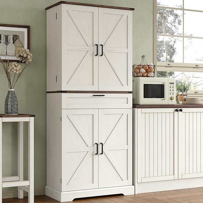 72'' Kitchen Storage Pantry Cabinet, Tall Storage Cabinet with 8 Door Shelves, 2 Cabinets and 1 Drawer, Freestanding Cupboard for Kitchen, Dining Room, Bathroom, Laundry, Off White-Ruum Studio Home