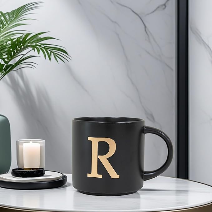 COLLECTIVE HOME - Monogram Ceramic Mugs, 15 oz Golden Initial Black Coffee Cups, Elegant Alphabet Tea Mugs, Elegant Personalized Mug with Gift Box, Unique Mug with Double Side Capital Lette (R)-Ruum Studio Home