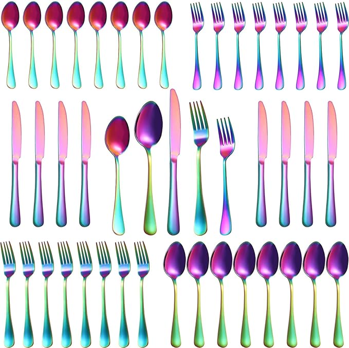40 Pcs Rainbow Silverware Set for 8, Food Grade Stainless Steel Flatware Set, Eating Utensils Sets Include Fork/Knife/Spoon,Home Kitchen Tableware Set, Reusable Cutlery Set, Dishwasher Safe-Ruum Studio Home