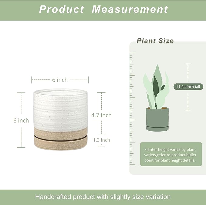 6 Inch Plant Pots, Ceramic Planter Pot with Drainage Hole & Saucer, Indoor/Outdoor Cylinder Round Planter Pot, White & Beige Glaze-Ruum Studio Home