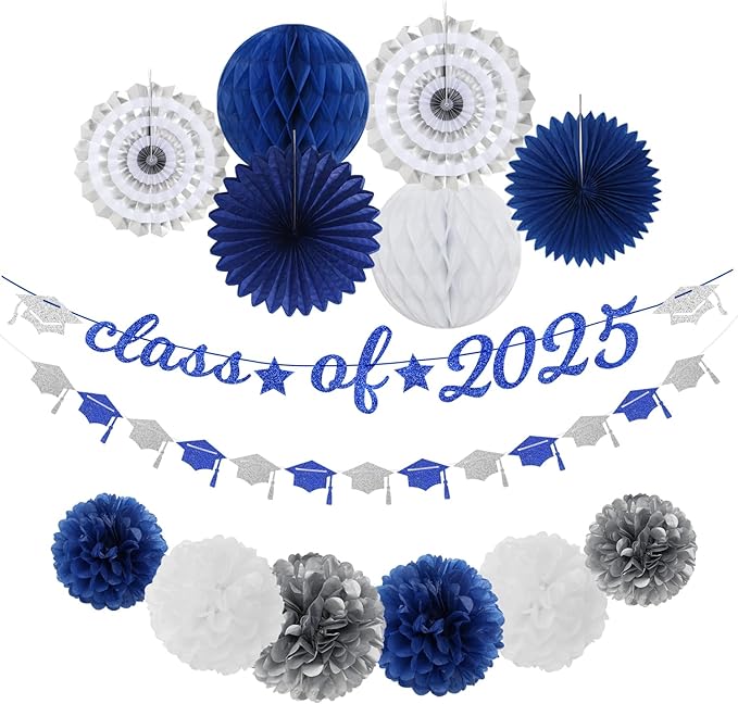 Navy-Blue White-Silver Party-Decoration Graduation Banner - 14pcs Kits Cap Garland Streamers, Royal Paper Tissue Pom Poms Flowers Fans Honeycomb,Class Of 2025 College High School Grad Decor Hugfond-Ruum Studio Home
