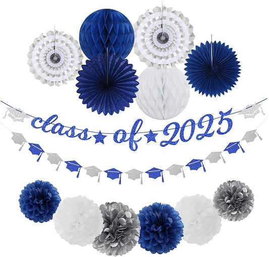 Navy-Blue White-Silver Party-Decoration Graduation Banner - 14pcs Kits Cap Garland Streamers, Royal Paper Tissue Pom Poms Flowers Fans Honeycomb,Class Of 2025 College High School Grad Decor Hugfond-Ruum Studio Home