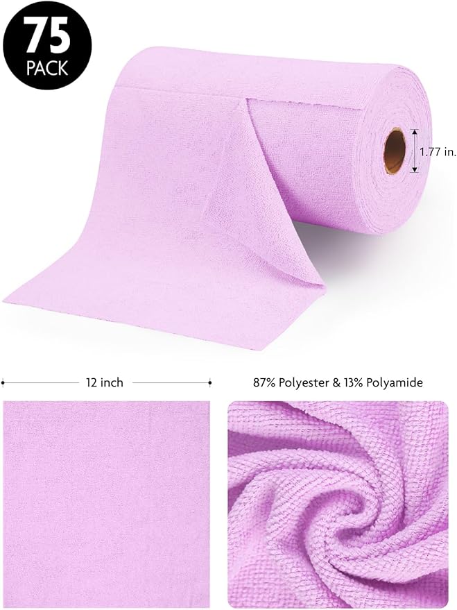 Fantasticlean Microfiber Cleaning Cloth Roll -75 Pack, Tear Away Microfiber Towels, 12" x 12", Reusable, Washable, Scratch Free, Ultra Absorbent Dish Rags for Car, Home, Garage or Shop (Purple)-Ruum Studio Home