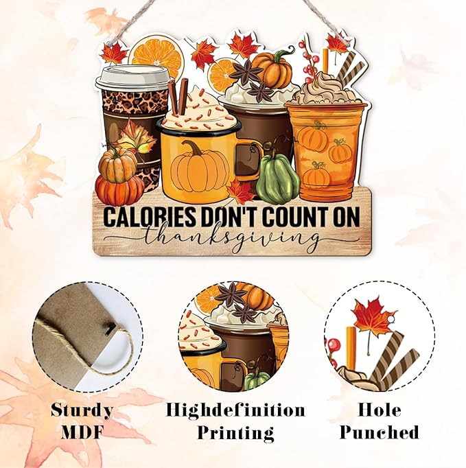 Thanksgiving Door Sign Decor, Calories don't Count on Thanksgiving, Fall Autumn Seasonal Wall Art Hanging Wooden Sign Halloween Decorations for Home Party Outside Indoor, Housewarming Gift-Ruum Studio Home