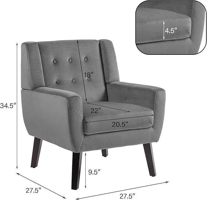 UIXE Accent Chair, Velvet Upholstered Armchair for Living Room, Modern Club Arm Chairs Comfy Single Sofa Button Tufted Bedroom Reading Seat - Gray, Set of 1-Ruum Studio Home