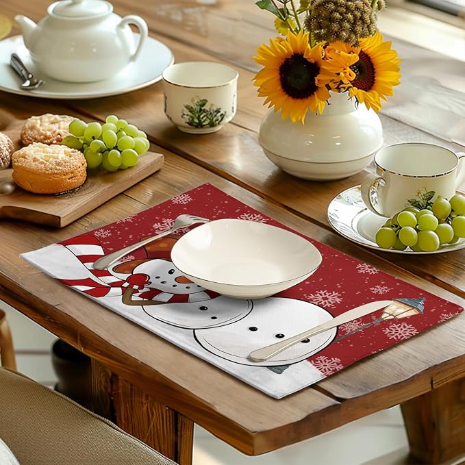 Red Snowman Snowflake Christmas Placemats Set of 4 Seasonal Winter Linen Table Mats 12x18 Inch Xmas Holiday Snow Farmhouse Rustic Washable Place Mat for Party Kitchen Dining Outdoor Indoor Decor-Ruum Studio Home