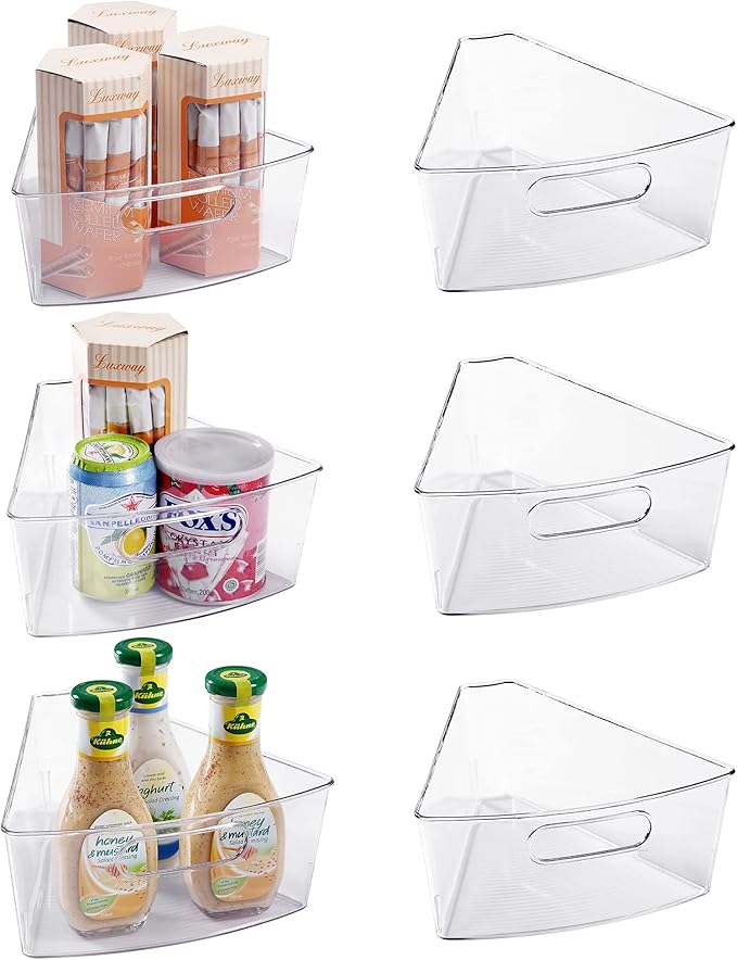 Oubonun Lazy Susan Organizers Set of 6, 12.8’’ x 11.7’’ x 4’’ Plastic Transparent Kitchen Cabinet Storage Bins with Handle, 4" Deep Container, 1/8 Wedge - Food Safe, without BPA-Ruum Studio Home