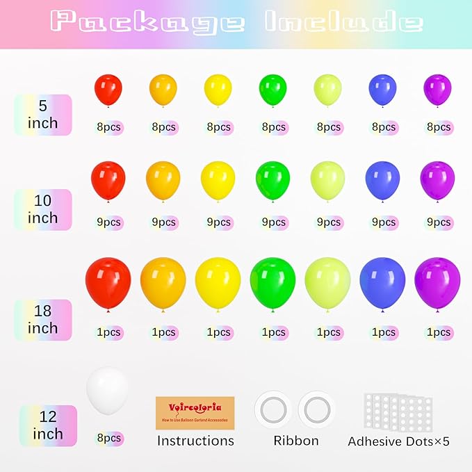 134pcs Rainbow Balloon Arch Kit Different Sizes 18" 12" 10" 5" Assorted Color Latex Balloon Garland Arch Kit for Birthday Baby Shower Graduation Wedding Gender Reveal Party Decorations-Ruum Studio Home