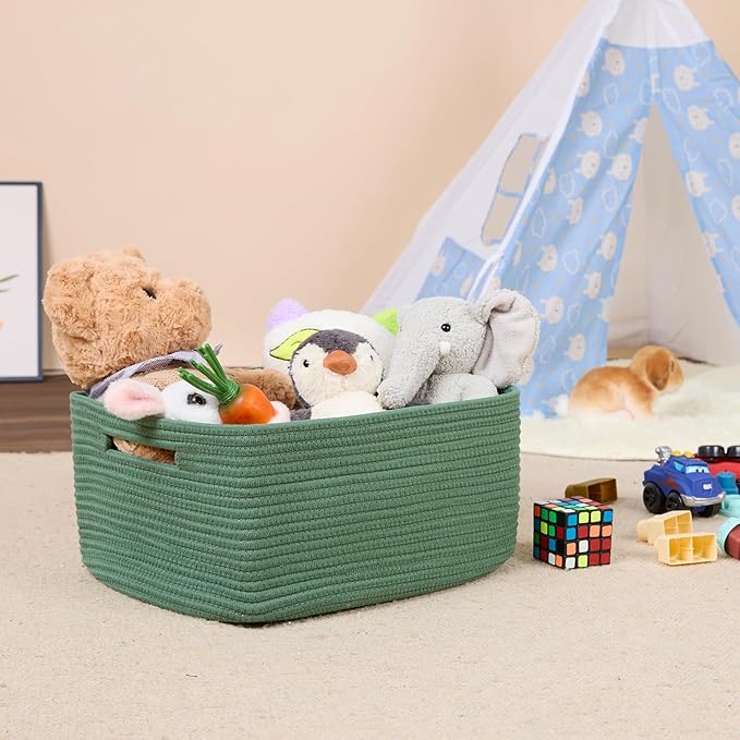 Large Storage Baskets for Shelves, Closet Organizers Bins for Clothes Blanket Towels, Baby Nursery, Toy Baskets Box, Woven Rope Baskets, 17 x 13 x 7.5”, 3 Packs Green-Ruum Studio Home